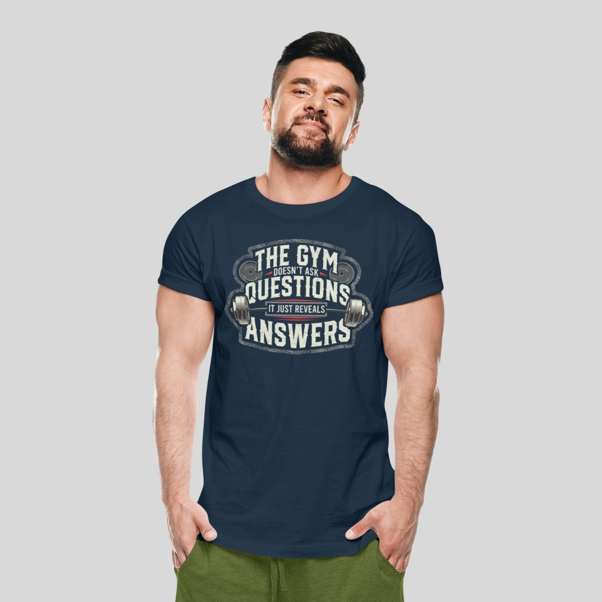 THE GYM DOESN'T ASK QUESTIONS IT REVELS ANSWERS Premium Cotton T-Shirt